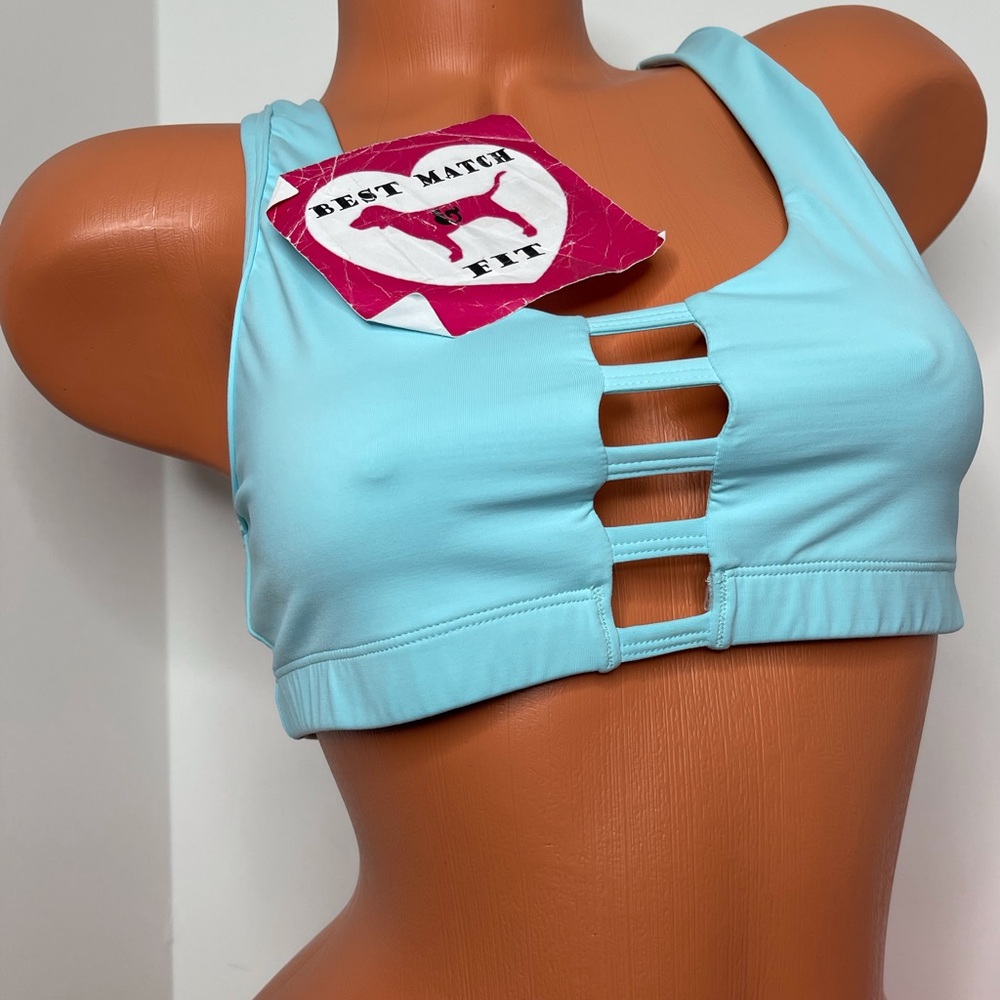 Victoria’s Secret PINK L Ultimate Logo Sports Bra Strappy Cut Out Teal